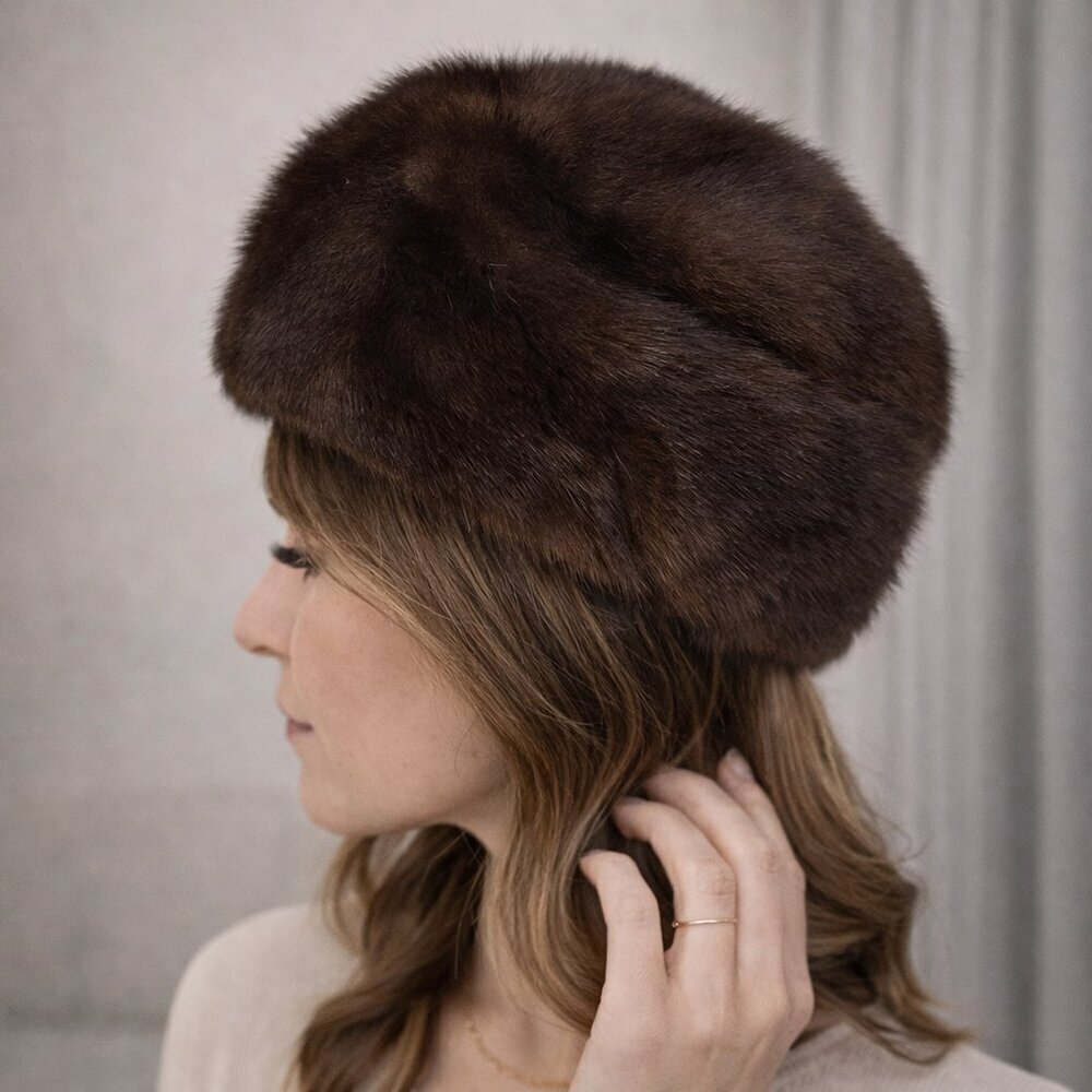 Vintage Simone Curelau Paris Mink Fur Hat Brown Pillbox Style